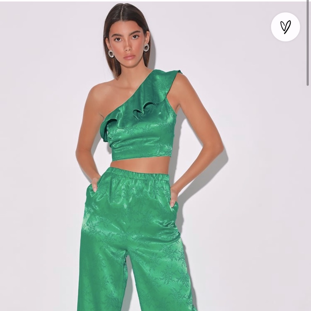 Euphoria Green Satin Jacquard One-Shoulder 2-Piece Jumpsuit NWT Lulus